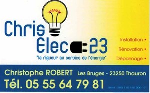 CHRIS'ELEC 23 Thauron, , Installation électrique, Installation domotique, Alarme anti-intrusion, Chauffage électrique, Interphone et portier vidéo, Motorisation porte et portail, Plafond rayonnant, Plancher chauffant, Eau chaude sanitaire, Borne de recharge, Ventilation (vmc), Sécurité incendie