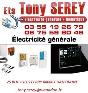 SARL SEREY TONY Chantraine, , Installation électrique, Installation domotique, Alarme anti-intrusion, Chauffage électrique, Interphone et portier vidéo, Motorisation porte et portail, Plafond rayonnant, Plancher chauffant, Eau chaude sanitaire, Borne de recharge, Ventilation (vmc), Sécurité incendie
