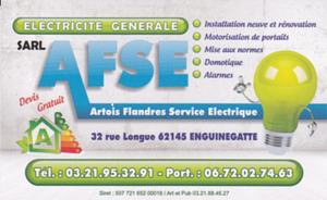 AFSE Electricite Enguinegatte, , Installation électrique, Installation domotique, Alarme anti-intrusion, Chauffage électrique, Interphone et portier vidéo, Motorisation porte et portail, Borne de recharge, Ventilation (vmc), Sécurité incendie